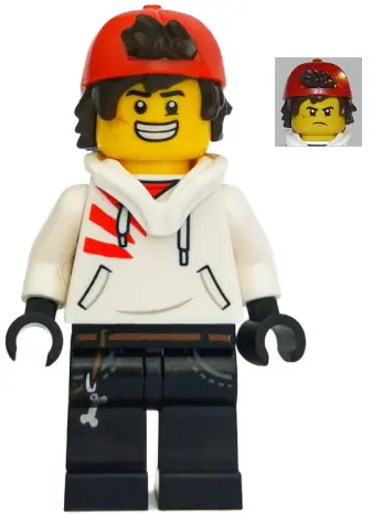 Jack Davids - White Hoodie with Backwards Cap and Hood Folded Down (Large Smile / Grumpy)