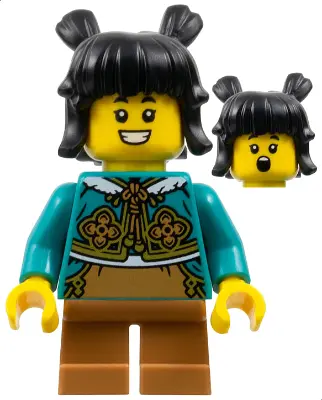 Child - Girl, Dark Turquoise Cheongsam Bolero Shrug, Medium Nougat Short Legs, Black Hair with Buns