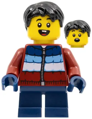 Child - Boy, Dark Red Puffy Coat, Dark Blue Short Legs, Black Hair