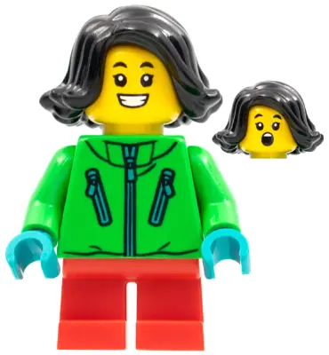 Child - Girl, Bright Green Jacket, Red Short Legs, Black Hair