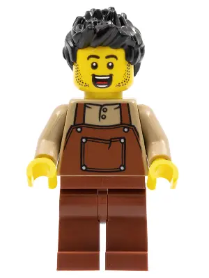 Man, Black Spiked Hair, Dark Tan Shirt, Reddish Brown Overalls and Legs