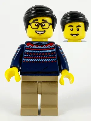 Man, Dark Blue Sweater, Dark Tan Legs, Black Hair, Glasses
