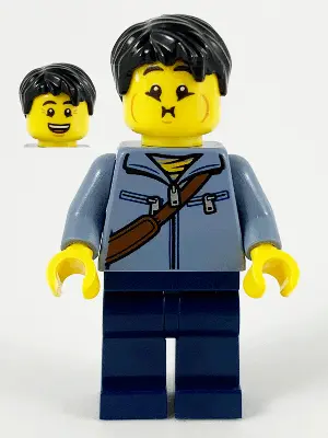 Man, Sand Blue Jacket and Reddish Brown Satchel, Dark Blue Legs, Black Hair