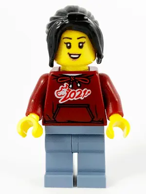 Woman, Dark Red '2021' Shirt, Sand Blue Legs, Long Black Hair