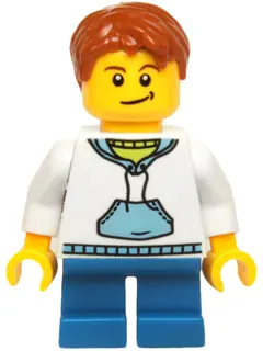 Child - Boy, White Hoodie with Medium Blue Pocket, Blue Short Legs, Dark Orange Hair, Black Dimple