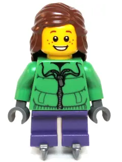 Winter Jacket Zipper, Dark Purple Short Legs, Reddish Brown Female Hair Mid-Length, Ice Skates