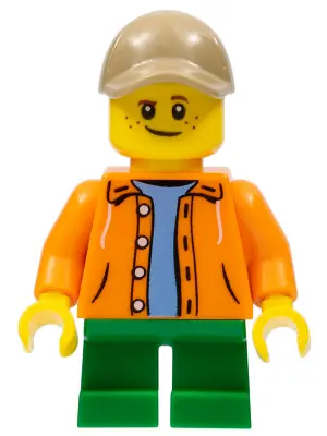 Boy, Orange Jacket with Hood over Light Blue Sweater, Green Short Legs, Dark Tan Cap with Hole
