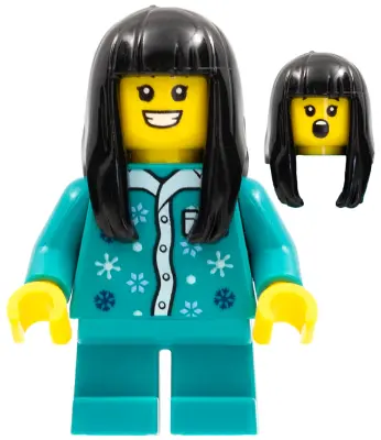 Child - Girl, Dark Turquoise Pajamas Top, Dark Turquoise Short Legs, Black Long Hair