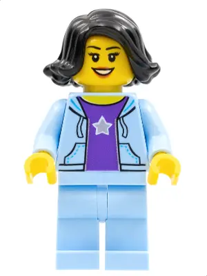 Woman, Black Hair, Bright Light Blue Jacket, Dark Purple Star Shirt, Bright Light Blue Legs