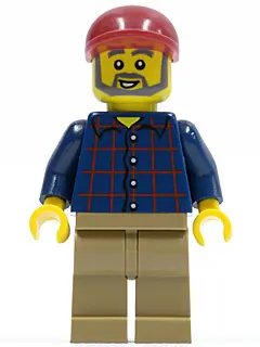 Plaid Button Shirt, Dark Tan Legs, Dark Red Short Bill Cap, Dark Bluish Gray Beard and Eyebrows