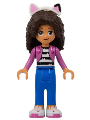 Gabby - Dark Pink Jacket over Black and White Striped Shirt, Blue Trousers