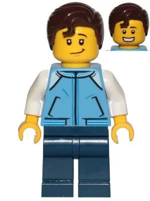 Teenage Boy, Medium Blue Jacket, Dark Blue Legs, Dark Brown Hair Swept Right with Front Curl