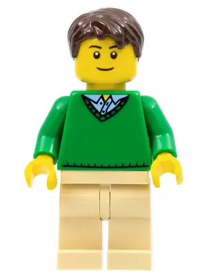 Green V-Neck Sweater, Tan Legs, Dark Brown Short Tousled Hair, Thin Grin