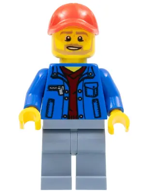 Race Marshal - Male, Blue Jacket over Dark Red V-Neck Sweater, Sand Blue Legs, Red Cap with Hole, Be