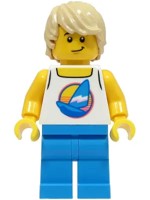 Beach Tourist - Male, White Tank Top with Dark Azure Sailboat, Dark Azure Legs, Tan Hair