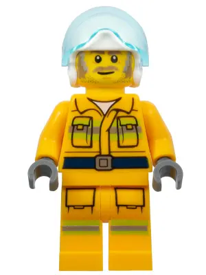Fire - Reflective Stripes, Bright Light Orange Suit, White Helmet, Dark Tan and Gray Beard