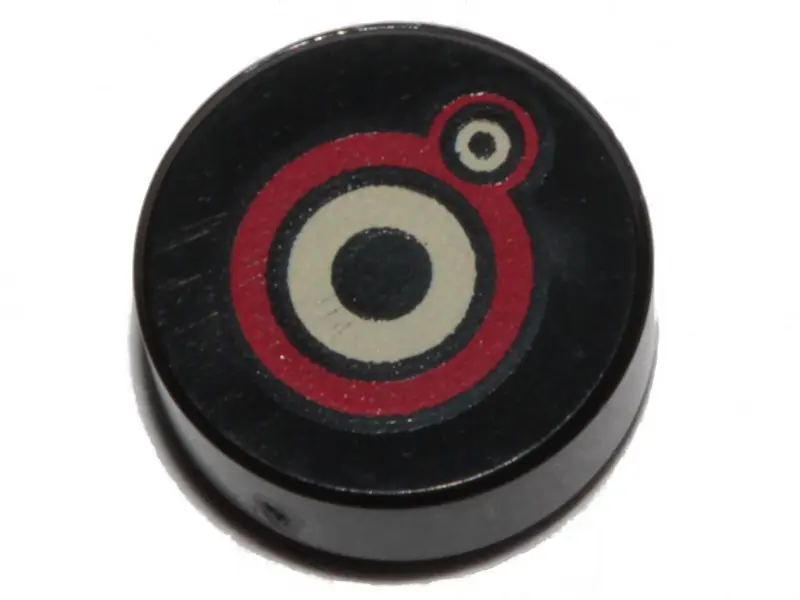 Black Tile, Round 1 x 1 with Black, Red and Tan Circles Pattern (Monster Eyes)