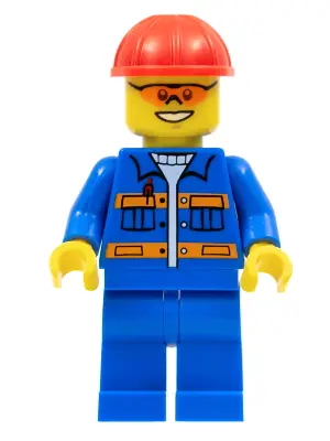 Blue Jacket with Pockets and Orange Stripes, Blue Legs, Red Construction Helmet, Orange Sunglasses