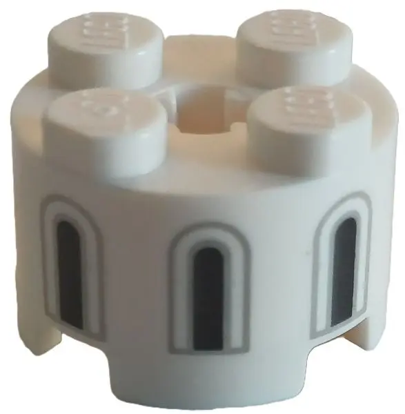 Brick, Round 2 x 2 with Axle Hole with 3 Black and Light Bluish Gray Castle Windows Pattern