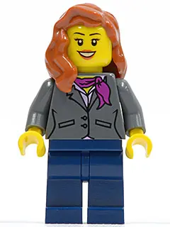 Dark Bluish Gray Jacket with Magenta Scarf, Dark Blue Legs, Dark Orange Female Hair over Shoulder