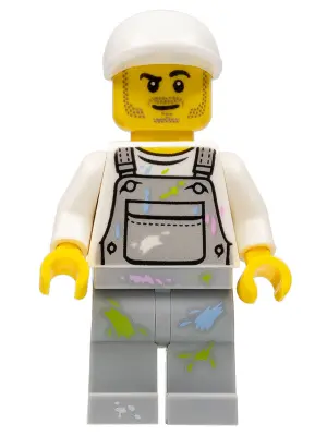 Painter - Male, Light Bluish Gray Overalls with Paint Splotches, White Cap, Stubble