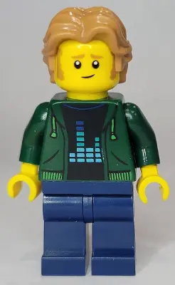 Man - Dark Green Hoodie, Dark Blue Legs, Medium Nougat Wavy Hair