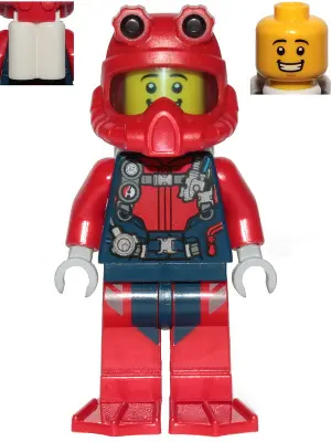 Scuba Diver - Male, Open Mouth Smile, Red Helmet, White Air Tanks, Red Flippers