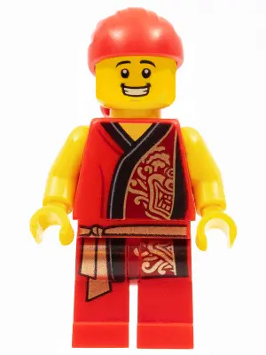 Lion Dance Musician, Red Head Wrap, Smile, Red Robe with Gold Dragon