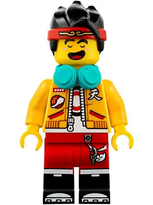 Monkie Kid - Bright Light Orange Open Jacket, Dark Turquoise Headphones, Fierce / Happy