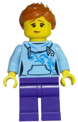Roller Coaster Rider - Female, Bright Light Blue Hoodie, Dark Purple Legs, Dark Orange Ponytail