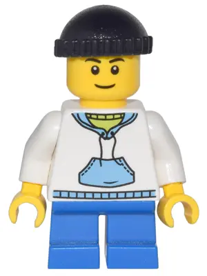 Child - Boy, White Hoodie with Medium Blue Pocket, Blue Short Legs, Black Knit Cap