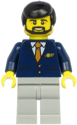Steward - Male, Black Hair, Dark Blue Suit with Striped Tie, Light Bluish Gray Legs