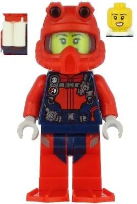 Scuba Diver - Female, Open Mouth, Red Helmet, White Air Tanks, Red Flippers