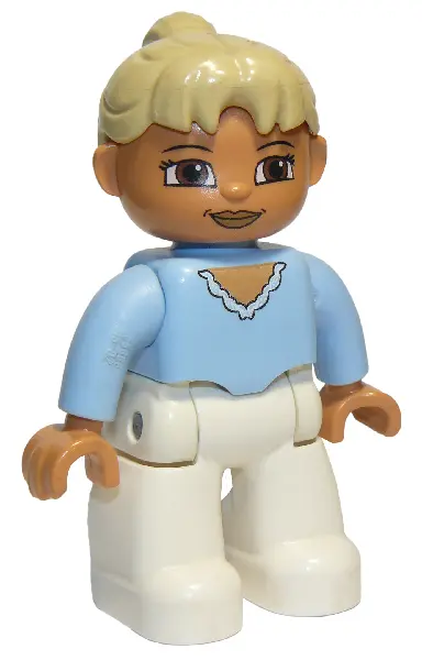 Duplo Figure Lego Ville, Female, White Legs, Bright Light Blue Top, Tan Ponytail Hair, Brown Eyes