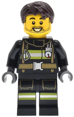 Fire - Male, Black Jacket and Legs with Reflective Stripes, Dark Brown Hair, Stubble