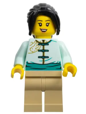 Lunar New Year Parade Participant - Female, Light Aqua Tang Jacket, Tan Legs, Black Hair